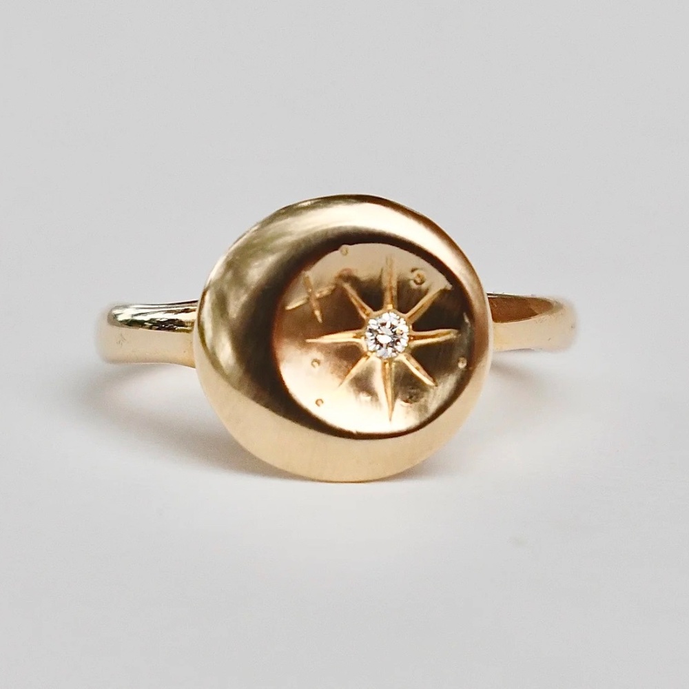 HALCYON 14k Solid Yellow Gold + Diamond Signet-Style SELENE Ring Sz7 4.68g